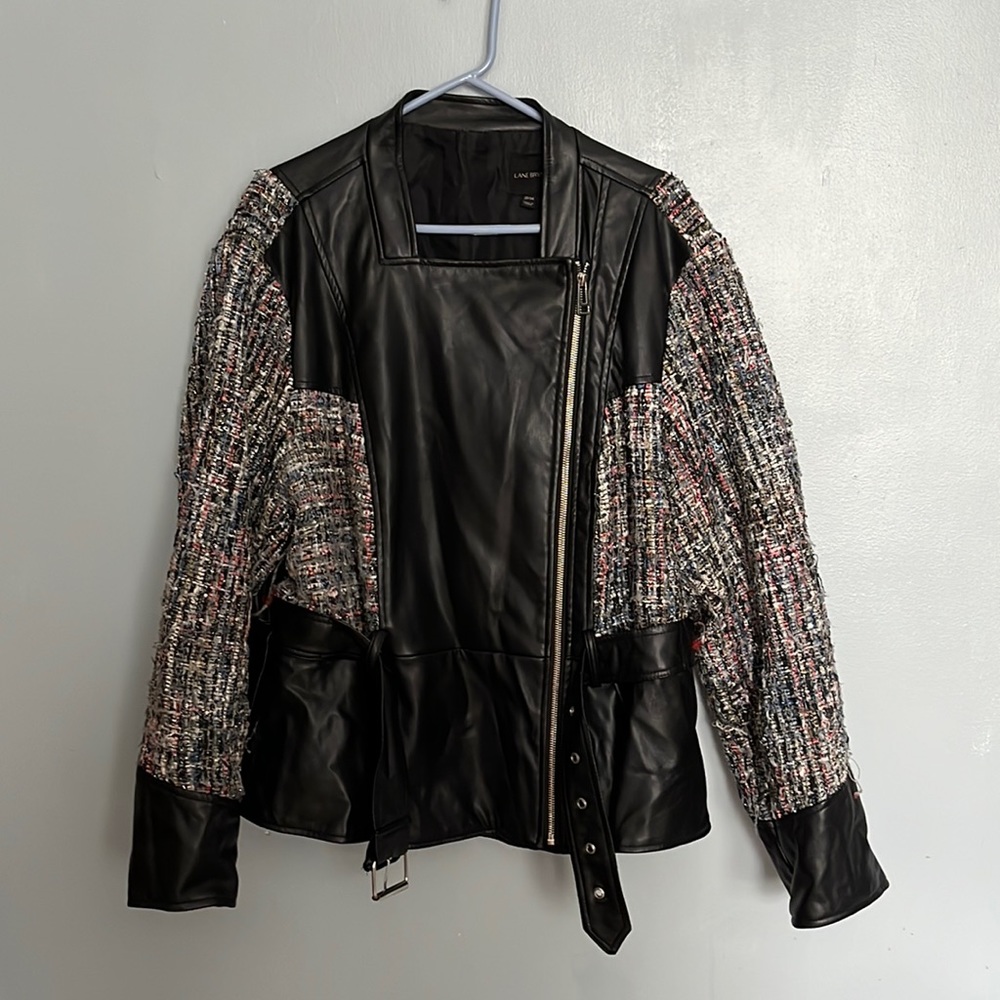 Lane Bryant Faux Leather and Tweed Collarless Moto Jacket Women